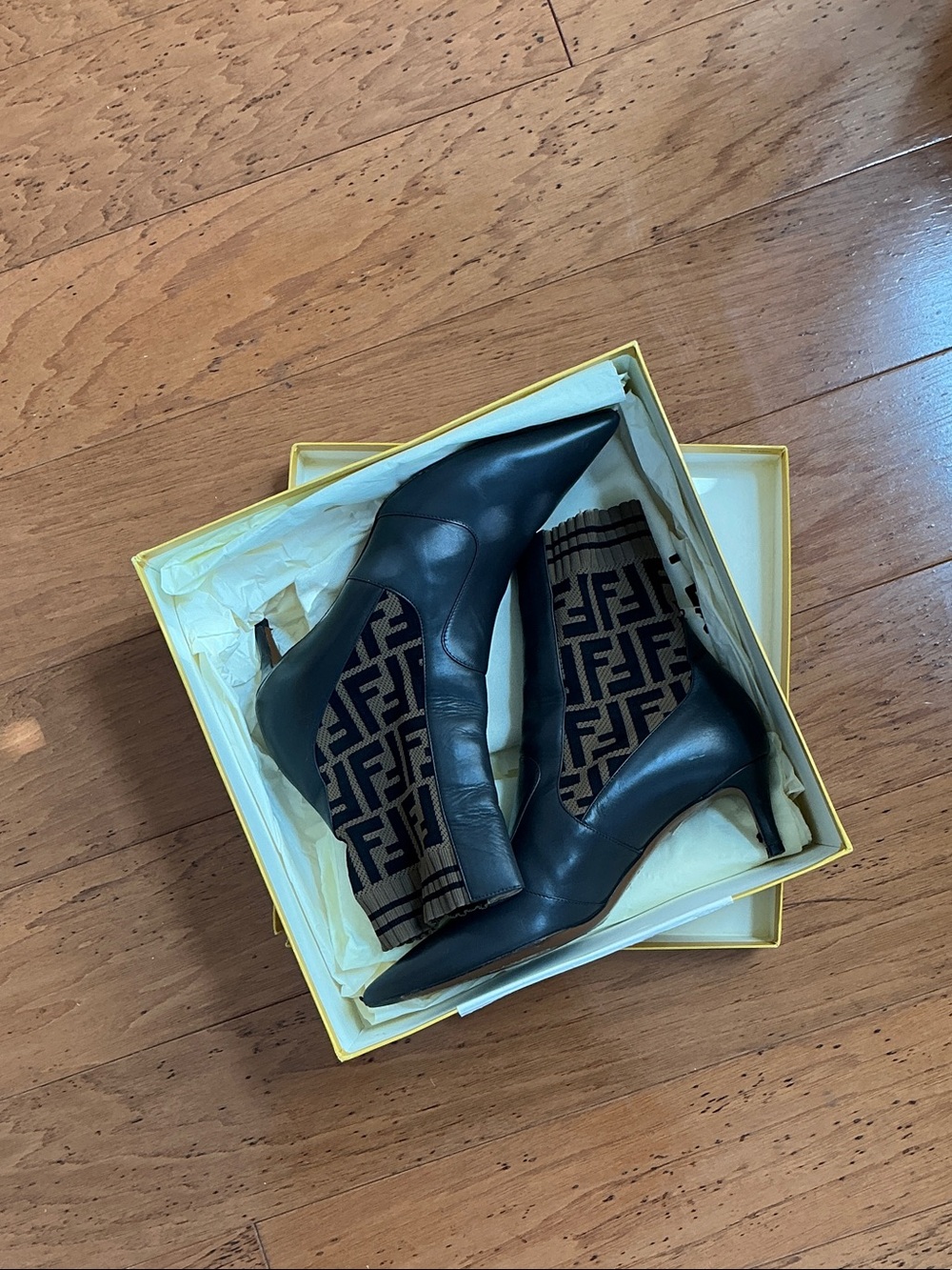Fendi Black Leather Pointed-Kitten Heel Booties with Brown Monogram Knit Shaft